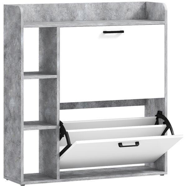 HOMCOM Scarpiera Slim con 2 Cassetti Ribaltabili e 3 Vani Aperti, Capacità 15 Scarpe, 83x24x90.5 cm, Grigio | Aosom Italy