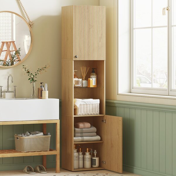 HOMCOM Colonna da Bagno Slim 6 Ripiani, 2 Ante, Scomparti Aperti, Ripiano in Vetro Temperato, Ripiani Regolabili, Rovere | Aosom Italy