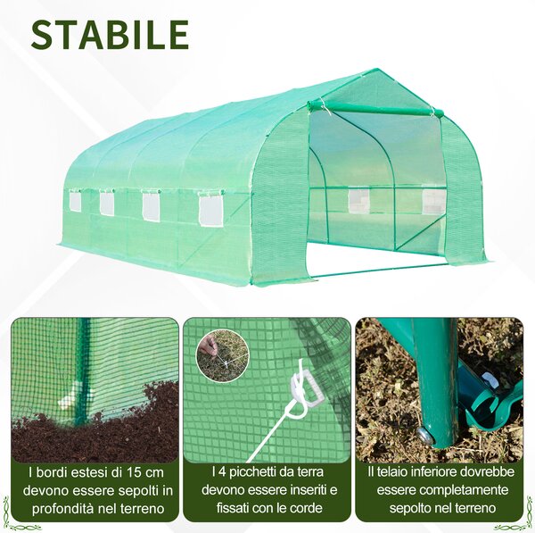 Outsunny Serra da Giardino 6x3x2m con Tetto a Spiovente in PE per Piante, Verde|Aosom