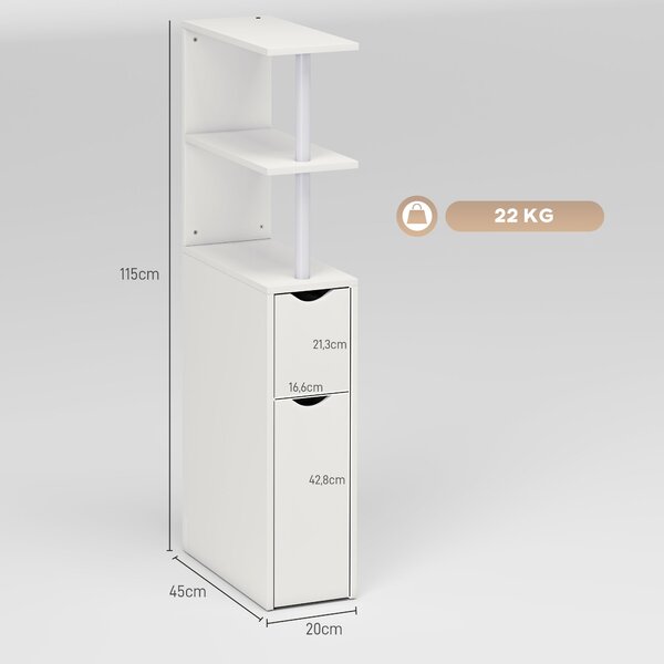 HOMCOM Colonna Bagno Salvaspazio con 2 Cassetti e Ripiani Aperti, 20x45x115 cm, Bianco | Aosom Italy