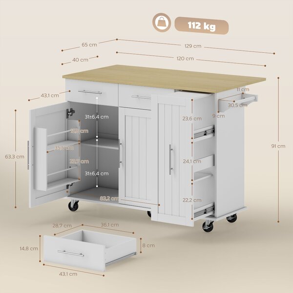HOMCOM Isola per Cucina a 5 Ruote con Portasciugamani, 2 Cassetti, 4 Ripiani e Armadietto, in Legno, 129x65x91 cm | Aosom Italy