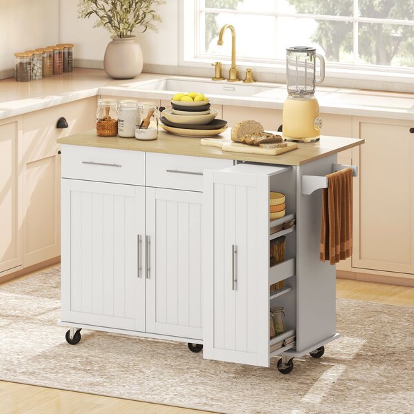HOMCOM Isola per Cucina a 5 Ruote con Portasciugamani, 2 Cassetti, 4 Ripiani e Armadietto, in Legno, 129x65x91 cm | Aosom Italy