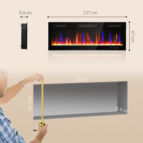 HOMCOM Camino Elettrico da Incasso o a Parete con Temperatura Regolabile, in Acciaio e Vetro, 127x9.4x47 cm, Nero | Aosom Italy