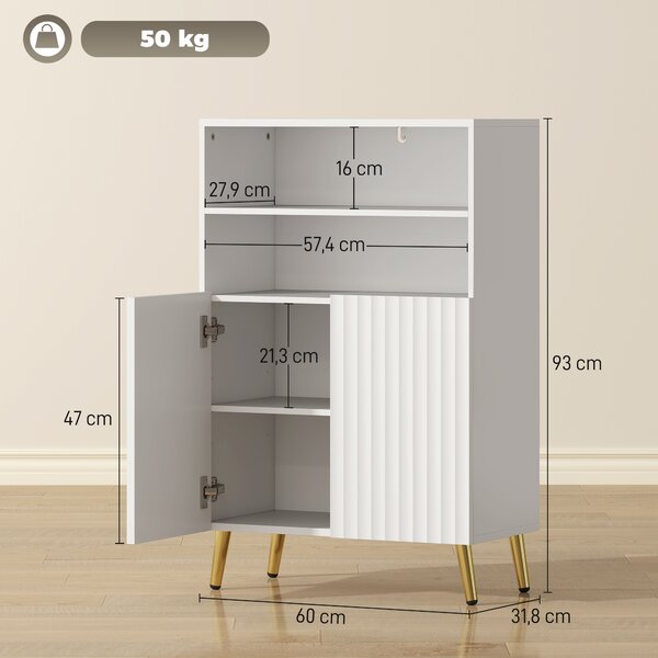 HOMCOM Mobiletto Bagno Moderno con 2 Ripiani Aperti e Armadietto con Ante Ammortizzate, 60x31.8x93 cm, Bianco | Aosom Italy
