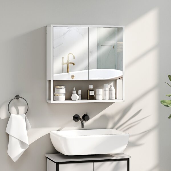 HOMCOM Mobile Bagno a Parete con Specchio, Armadietto con Mensola Regolabile e Ripiano Aperto, 60x16x60 cm, Bianco | Aosom Italy