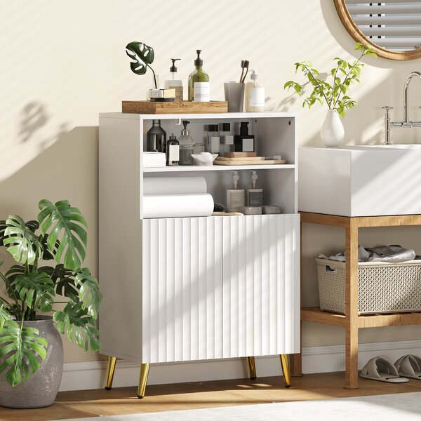 HOMCOM Mobiletto Bagno Moderno con 2 Ripiani Aperti e Armadietto con Ante Ammortizzate, 60x31.8x93 cm, Bianco | Aosom Italy