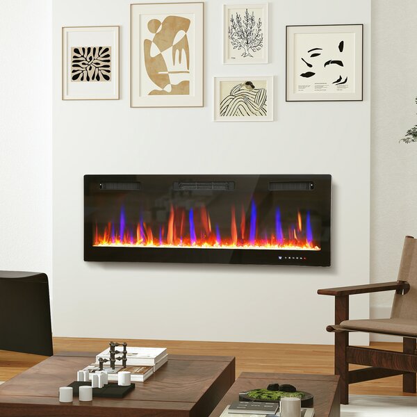 HOMCOM Camino Elettrico da Incasso o a Parete con Temperatura Regolabile, in Acciaio e Vetro, 127x9.4x47 cm, Nero | Aosom Italy