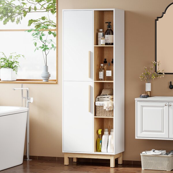 HOMCOM Mobile Bagno Alto, Mobiletto Bagno Salvaspazio con 2 Ante e 4 Ripiani Aperti, Ripiani Regolabili, per Lavanderia, 62.5x35x176 cm, Bianco | Aosom Italy