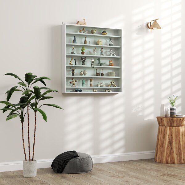 HOMCOM Bacheca Portaoggetti a 5 Ripiani Regolabili in Legno con Ante in Vetro, 80x9.5x83 cm, Bianco | Aosom Italy