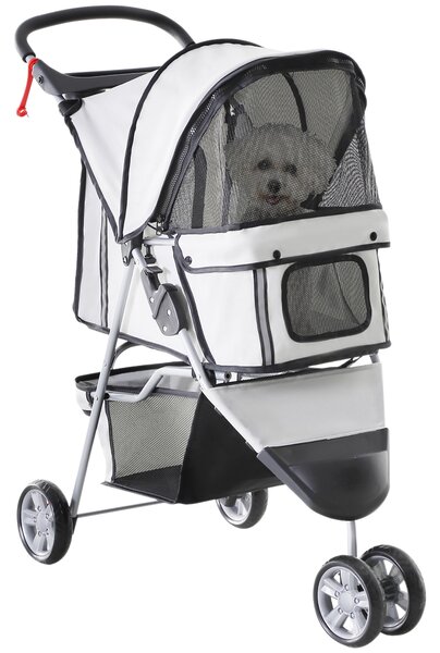 PawHut Passeggino Pieghevole per Cani con Portabicchieri e Cestino, Ruote e Freni, Carrozzina in Acciaio, 75x45x97 cm, Grigio | Aosom Italy