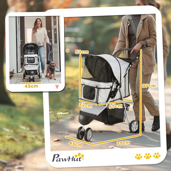 PawHut Passeggino Pieghevole per Cani con Portabicchieri e Cestino, Ruote e Freni, Carrozzina in Acciaio, 75x45x97 cm, Grigio | Aosom Italy
