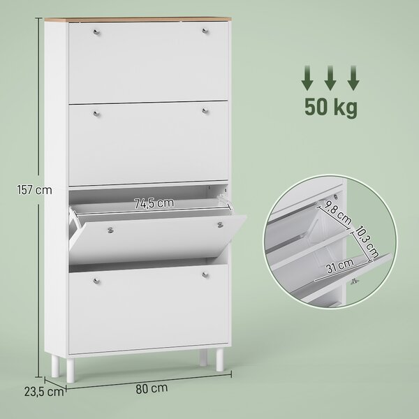 HOMCOM Scarpiera Slim con 4 Cassetti Ribaltabili e Ripiani Regolabili per 24-32 Scarpe, 80x23.5x157 cm, Bianco | Aosom Italy