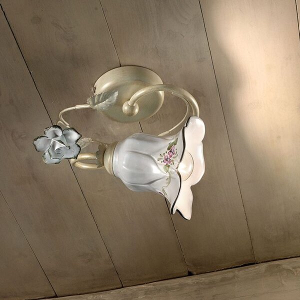 Plafoniera Classica Pisa Metallo E Ceramica Bianco Sfumato Oro 1 Luce E14