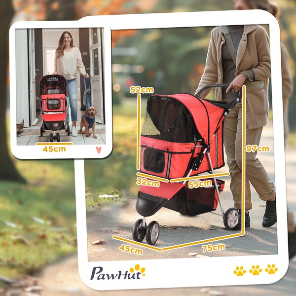 PawHut Passeggino Pieghevole per Cani con Portabicchieri e Cestino, Ruote e Freni, Carrello per Animali Domestici 10kg, Rosso,75x45x97cm | Aosom Italy