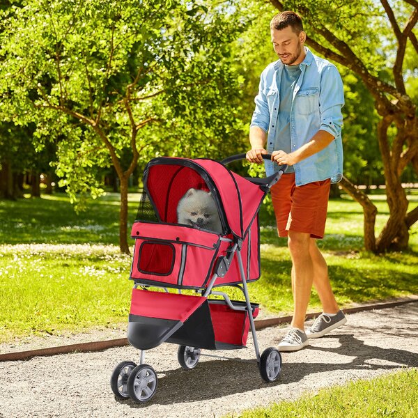 PawHut Passeggino Pieghevole per Cani con Portabicchieri e Cestino, Ruote e Freni, Carrello per Animali Domestici 10kg, Rosso,75x45x97cm | Aosom Italy