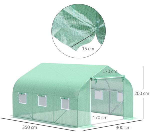 Outsunny Serra da Giardino 3.5 x 3 x 2m Serra con Tetto a Spiovente in PE per Piante Verde|Aosom