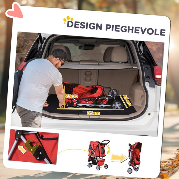 PawHut Passeggino Pieghevole per Cani con Portabicchieri e Cestino, Ruote e Freni, Carrello per Animali Domestici 10kg, Rosso,75x45x97cm | Aosom Italy