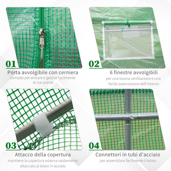 Outsunny Serra da Giardino 3.5 x 3 x 2m Serra con Tetto a Spiovente in PE per Piante Verde|Aosom