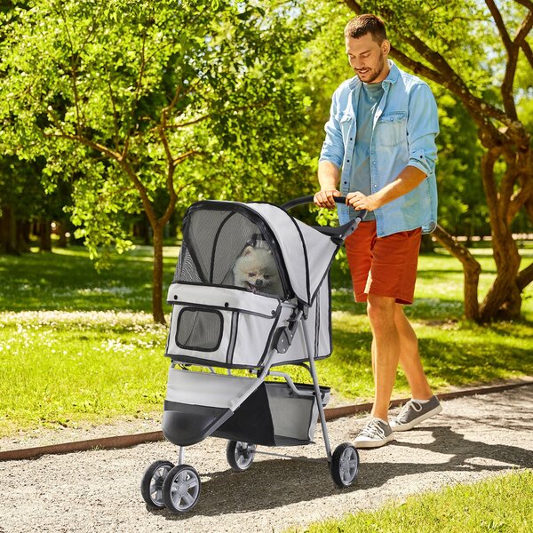 PawHut Passeggino Pieghevole per Cani con Portabicchieri e Cestino, Ruote e Freni, Carrozzina in Acciaio, 75x45x97 cm, Grigio | Aosom Italy