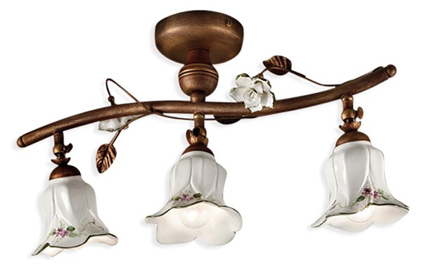 Plafoniera Classica Pisa Metallo E Ceramica Ruggine Sfumato Oro 3 Luci E14