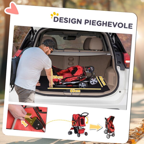 PawHut Passeggino per Cani Pieghevole in Tessuto, Carrozzina per Cani 10kg con Ruote, Cestino e Portabicchieri, 75x45x97cm, Rosso | Aosom Italy