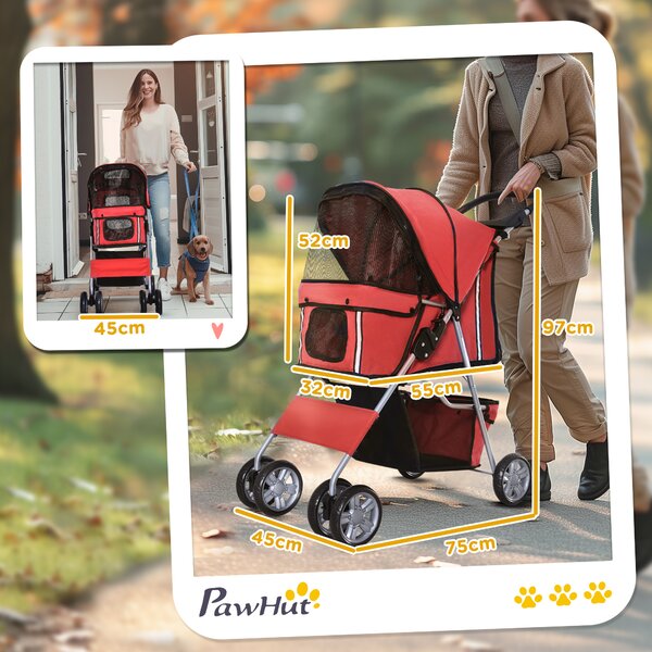 PawHut Passeggino per Cani Pieghevole in Tessuto, Carrozzina per Cani 10kg con Ruote, Cestino e Portabicchieri, 75x45x97cm, Rosso | Aosom Italy