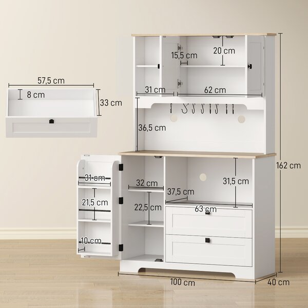 HOMCOM Credenza da Cucina con 3 Armadietti e 2 Cassetti, Mobile con Ripiani Regolabili e Portaspezie, 100x40x62 cm, Bianco | Aosom Italy