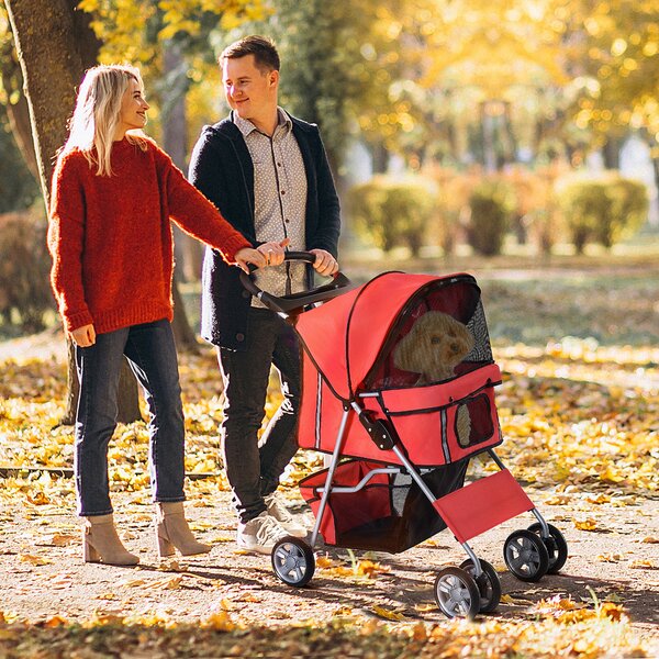 PawHut Passeggino per Cani Pieghevole in Tessuto, Carrozzina per Cani 10kg con Ruote, Cestino e Portabicchieri, 75x45x97cm, Rosso | Aosom Italy