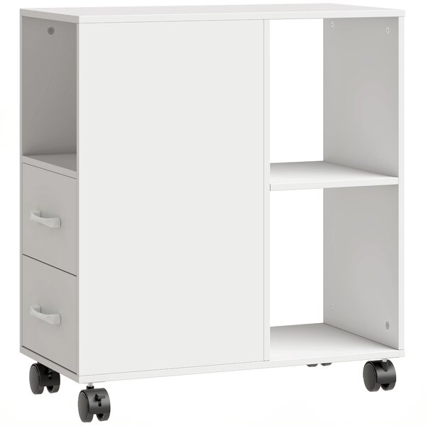 HOMCOM Tavolino con Ruote Minimal con 2 Cassetti, Vano Aperto e Ripiano Regolabile, in Legno, 60x30x65 cm, Bianco | Aosom Italy