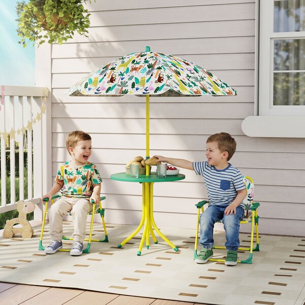 AIYAPLAY Set da Giardino per Bambini a Tema Giungla con 2 Sedie Pieghevoli, Ombrellone e Tavolino Rotondo, Multicolore | Aosom Italy