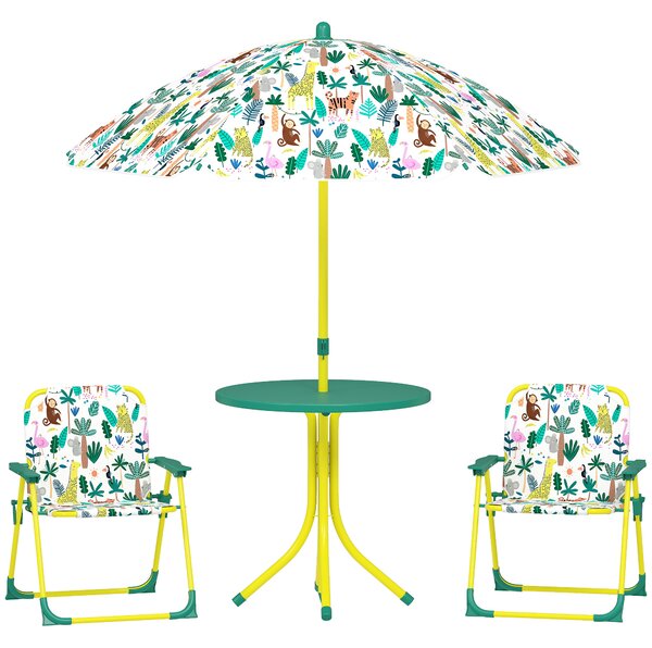AIYAPLAY Set da Giardino per Bambini a Tema Giungla con 2 Sedie Pieghevoli, Ombrellone e Tavolino Rotondo, Multicolore | Aosom Italy