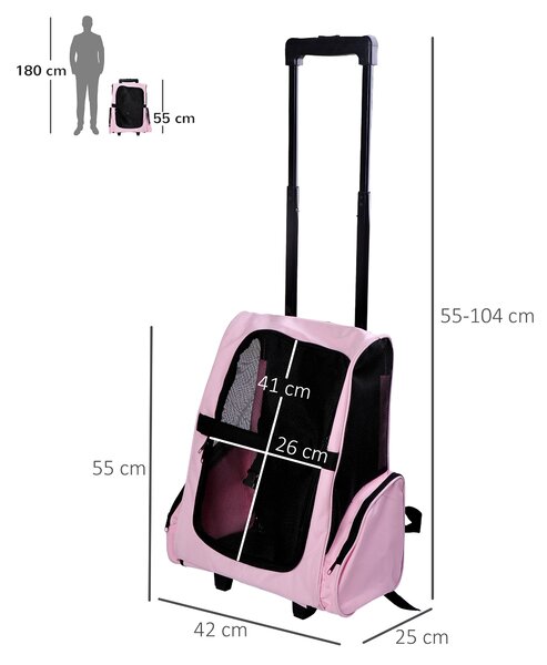 PawHut Trasportino Zaino 2 in 1 per Cani e Gatti con Tasche Laterali, Maniglia Telescopica e Ruote, 42x25x55cm, Rosa|Aosom