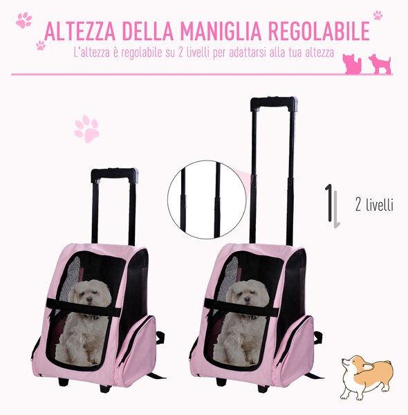 PawHut Trasportino Zaino 2 in 1 per Cani e Gatti con Tasche Laterali, Maniglia Telescopica e Ruote, 42x25x55cm, Rosa|Aosom