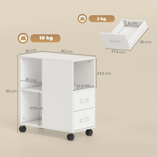 HOMCOM Tavolino con Ruote Minimal con 2 Cassetti, Vano Aperto e Ripiano Regolabile, in Legno, 60x30x65 cm, Bianco | Aosom Italy