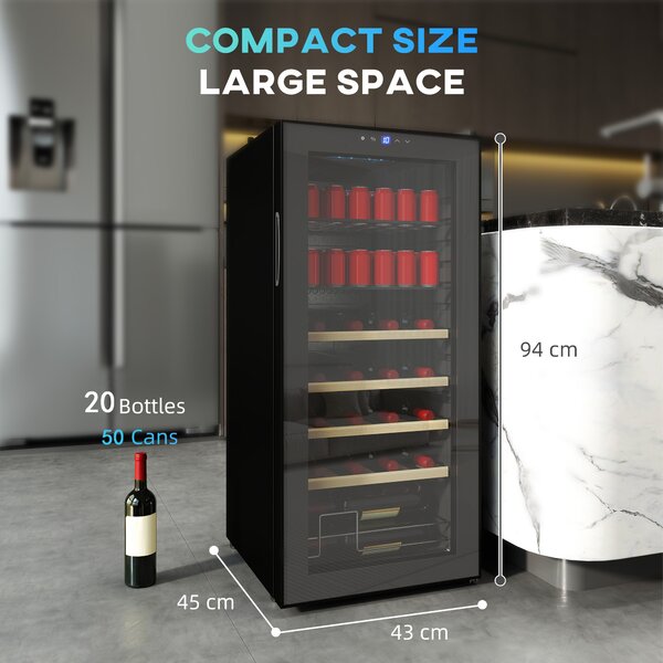 HOMCOM Cantinetta Frigo per Vino da 92L con Ripiani Regolabili per 20 Bottiglie e 50 Lattine, 43x45x94 cm, Nero | Aosom Italy