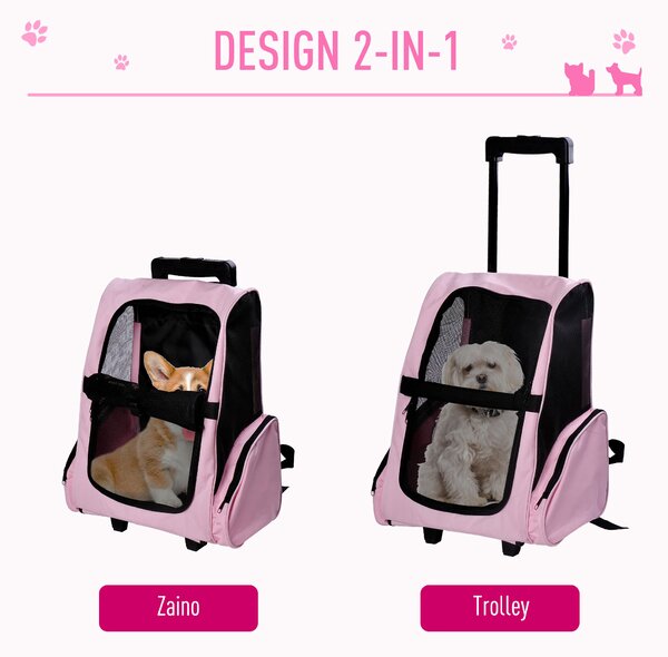 PawHut Trasportino Zaino 2 in 1 per Cani e Gatti con Tasche Laterali, Maniglia Telescopica e Ruote, 42x25x55cm, Rosa|Aosom