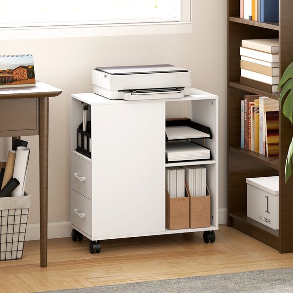 HOMCOM Tavolino con Ruote Minimal con 2 Cassetti, Vano Aperto e Ripiano Regolabile, in Legno, 60x30x65 cm, Bianco | Aosom Italy
