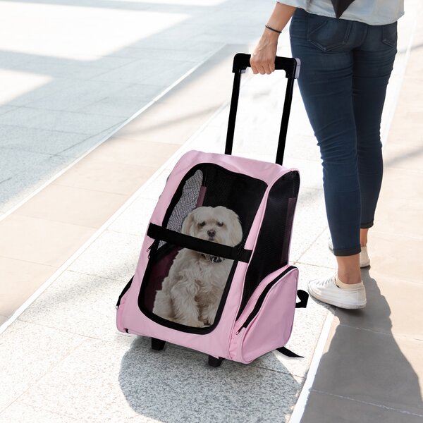 PawHut Trasportino Zaino 2 in 1 per Cani e Gatti con Tasche Laterali, Maniglia Telescopica e Ruote, 42x25x55cm, Rosa|Aosom