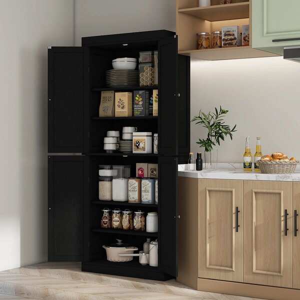 HOMCOM Mobile Cucina Alto con 6 Ripiani Regolabili e 4 Ante in Legno, 76x40.5x184 cm, Nero | Aosom Italy