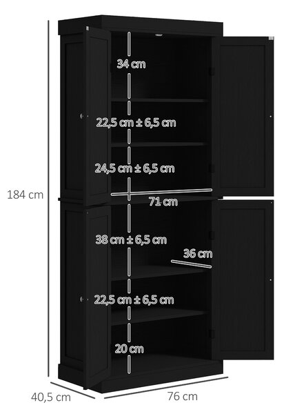 HOMCOM Mobile Cucina Alto con 6 Ripiani Regolabili e 4 Ante in Legno, 76x40.5x184 cm, Nero | Aosom Italy