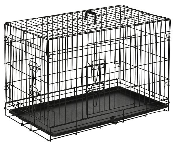 PawHut Gabbia per Animali Domestici Trasportino per Cani e Gatti Pieghevole in Acciaio Doppia Apertura 76 × 46 × 52cm Nero|Aosom
