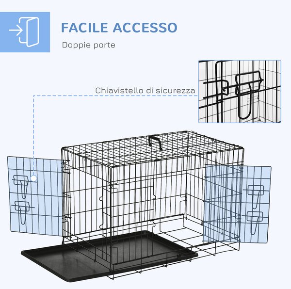 PawHut Gabbia per Animali Domestici Trasportino per Cani e Gatti Pieghevole in Acciaio Doppia Apertura 76 × 46 × 52cm Nero|Aosom