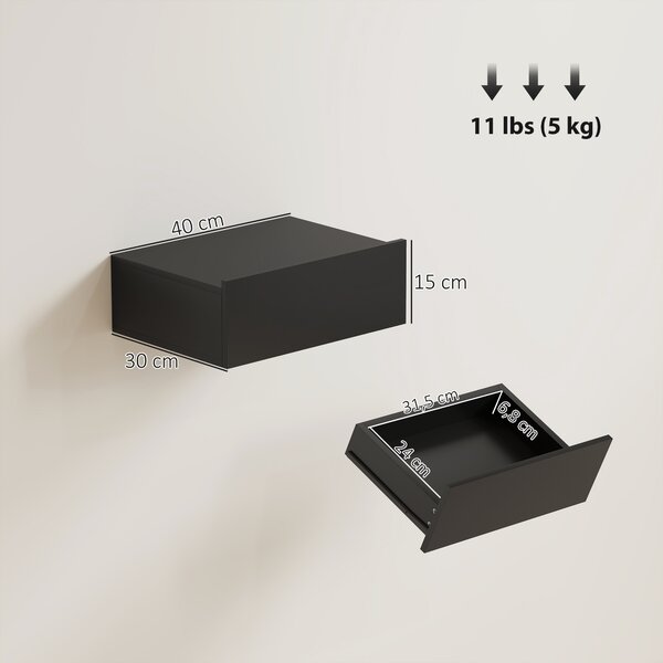 HOMCOM Set di 2 Comodini Sospesi Moderni con Cassetto in Legno, 40x30x15cm, Nero | Aosom Italy