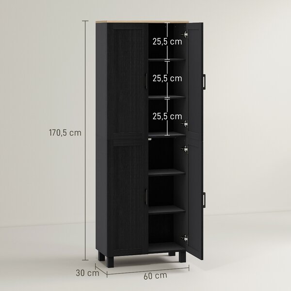 HOMCOM Mobile Dispensa da Cucina in Legno con 5 Ripiani Regolabili e 4 Ante, 60x30x170.5 cm, Nero | Aosom Italy