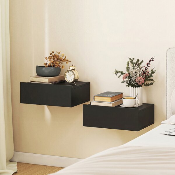HOMCOM Set di 2 Comodini Sospesi Moderni con Cassetto in Legno, 40x30x15cm, Nero | Aosom Italy