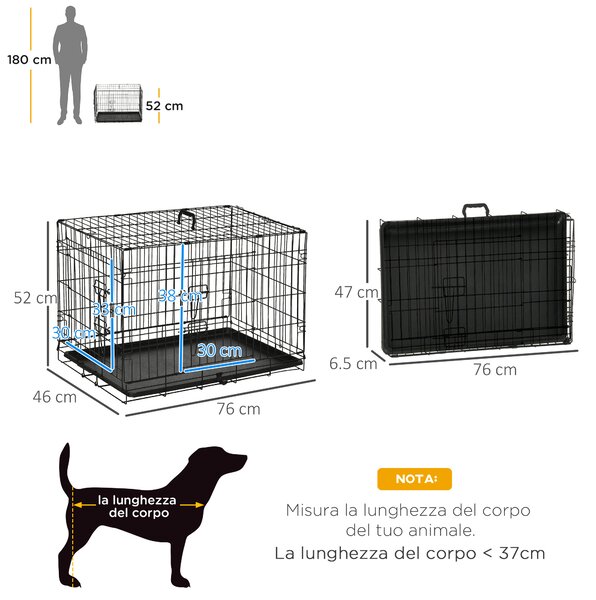PawHut Gabbia per Animali Domestici Trasportino per Cani e Gatti Pieghevole in Acciaio Doppia Apertura 76 × 46 × 52cm Nero|Aosom