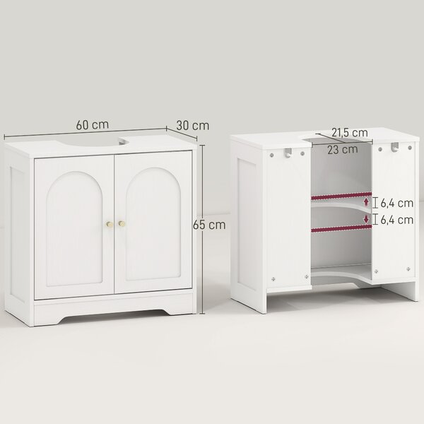 HOMCOM Mobile Sotto Lavabo Bagno a 2 Ante con Ripiano Regolabile su 3 Livelli, in Legno, 60x30x65 cm, Bianco | Aosom Italy