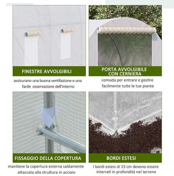 Outsunny Serra da Giardino a Tunnel 3.5x2x2m in PE Anti-UV con Porta e 6 Finestre Avvolgibili, Struttura in Metallo,Serra per Orto Bianco| Aosom Italy