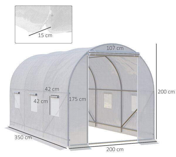 Outsunny Serra da Giardino a Tunnel 3.5x2x2m in PE Anti-UV con Porta e 6 Finestre Avvolgibili, Struttura in Metallo,Serra per Orto Bianco| Aosom Italy