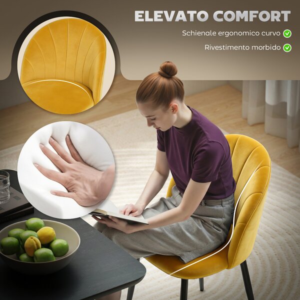 HOMCOM Set 2 Sedie da Pranzo Imbottite con Schienale a Conchiglia in Velluto, 52x55x79 cm, Giallo | Aosom Italy